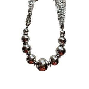 Vintage 12 Strand Silver Chain & Silver Round Beaded Necklace Women’s Jewelry